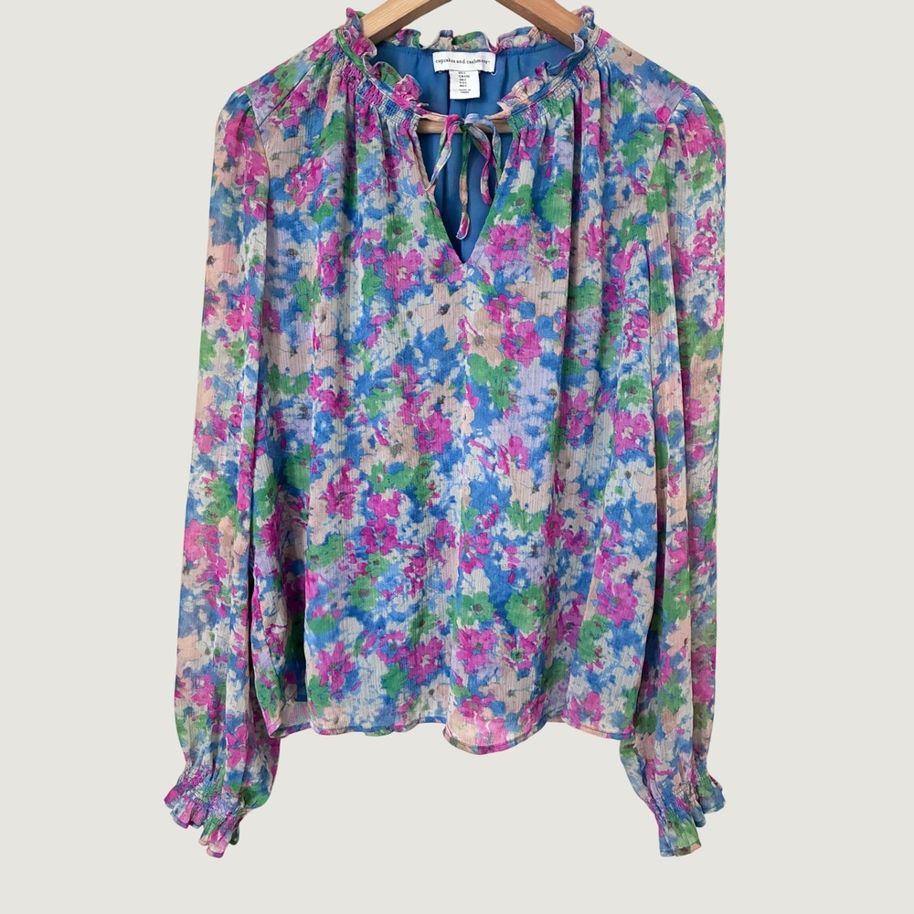 Cupcakes and Cashmere Floral Boho Ruffle Tie Neck Blouse Blue Pink Green Large